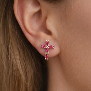 18K Gold Filled Pink Garnet-Style Cross Stud Earrings | AAA CZ